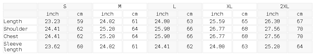 Size guide chart with length, shoulder, chest and sleeve measurements for sizes S through 2XL
